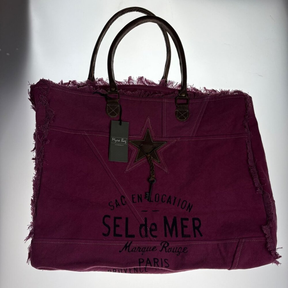 Myra Bag Popping Pink Weekender Handbag Denim Leather Key Handcrafted Purse Tote